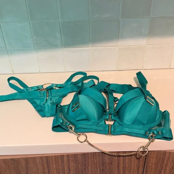 Honey Birdette KUKURO💚 Jade Green 2 Piece Set 32DD Harness Bra + Panty XS